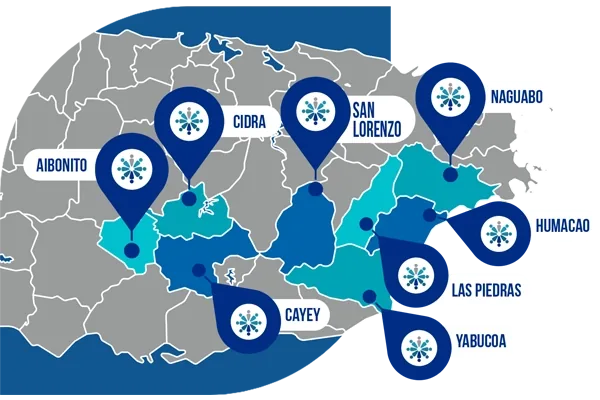 Mapa de las clínicas de COSSMA en Puerto Rico